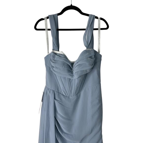 Azazie Amyra A10 Dusty Blue Sheath Off Shoulder Stretch Satin Convertible Dress - Picture 2 of 12